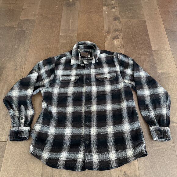 Orvis Men Button Up Flannel Large Plaid Brown Black Plaid Long Sleeve Thick - Picture 1 of 3